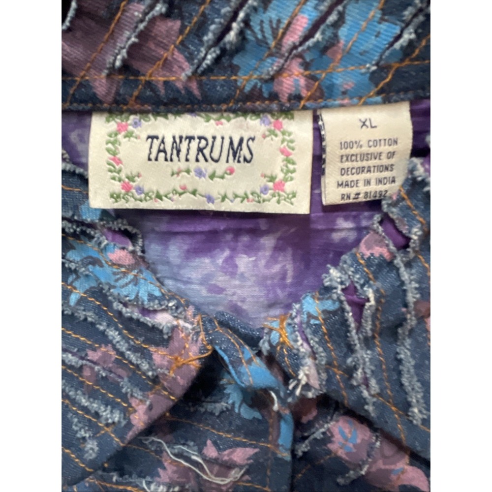 VTG Jean Jacket Painted Flowers Floral Shredded Denim Tantrums Women's XL - Picture 8 of 14